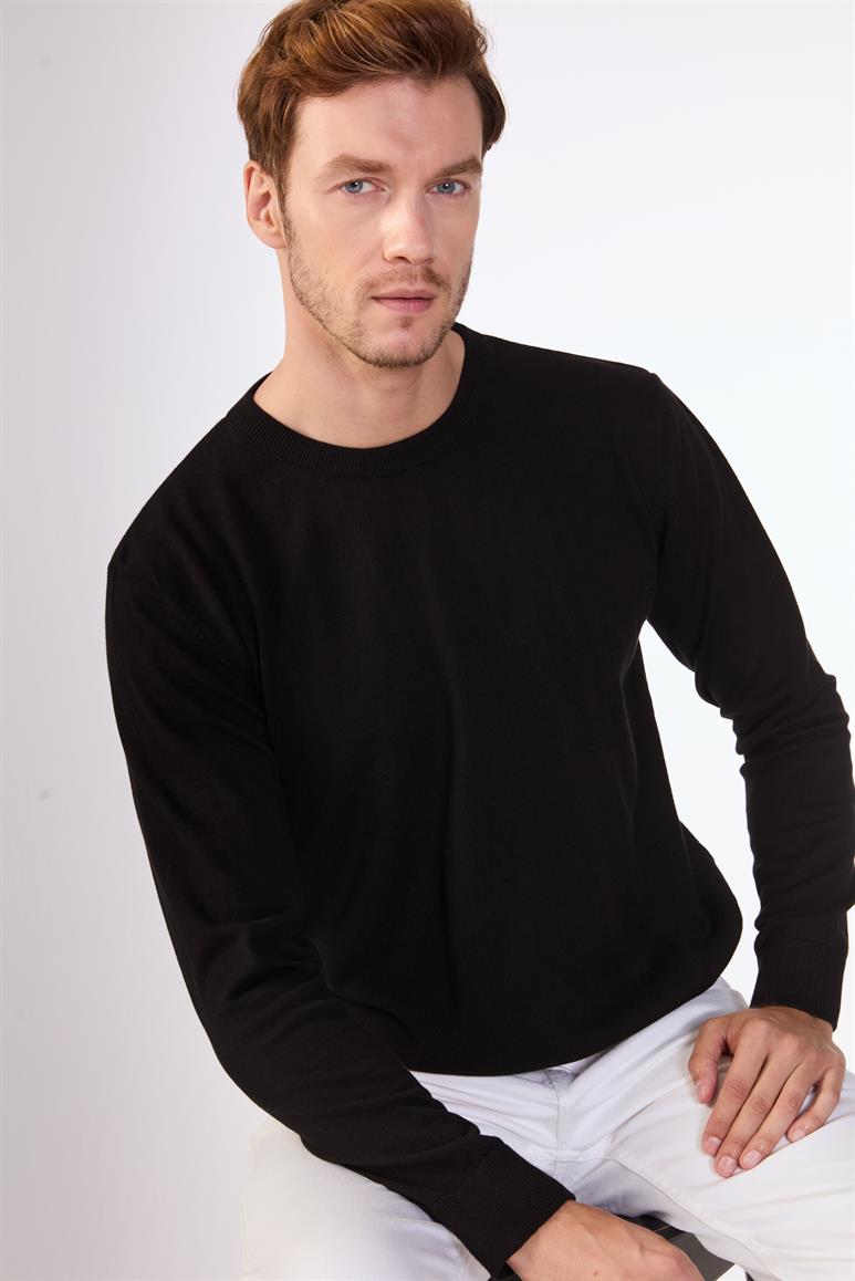 Siyah Bisiklet Yaka %100 Pamuk Düz Renk Slim Fit Erkek Triko
