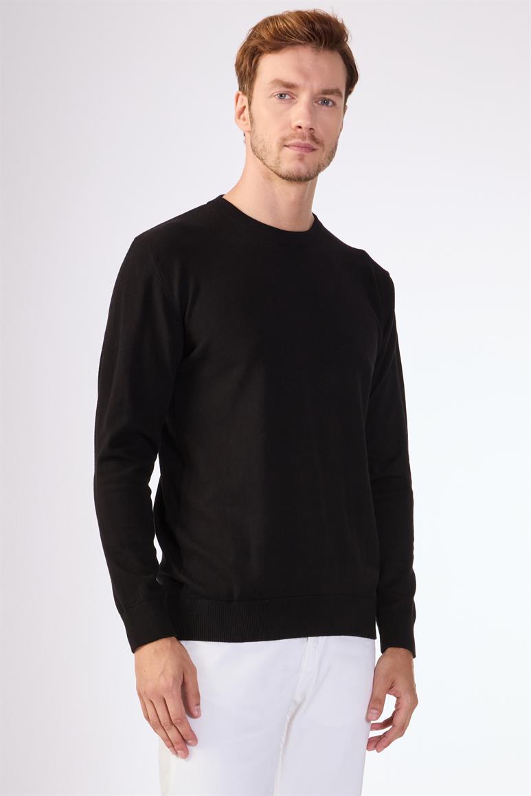 Siyah Bisiklet Yaka %100 Pamuk Düz Renk Slim Fit Erkek Triko