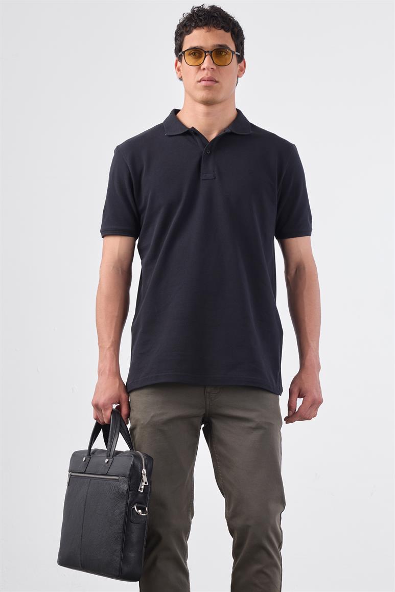 Siyah Polo Yaka Pamuklu Düz Renk Slim Fit Erkek T-shirt