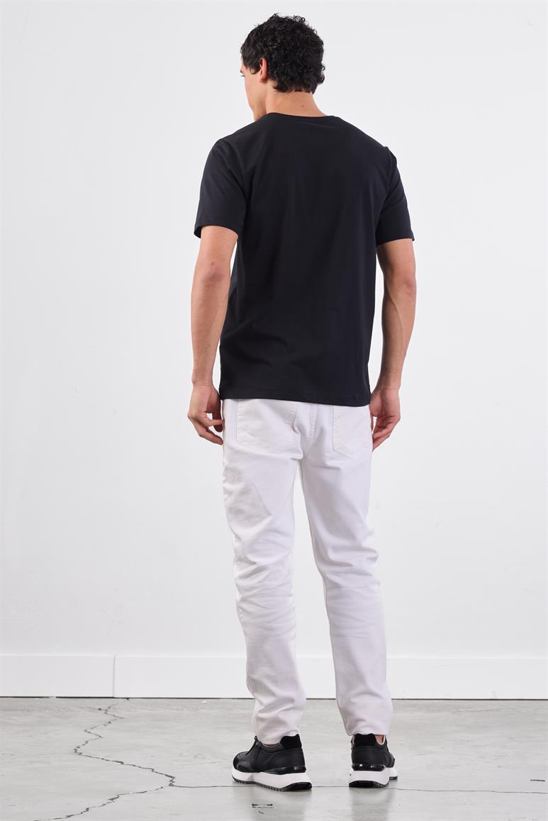 Siyah V Yaka Pamuklu Düz Renk Slim Fit Erkek T-shirt