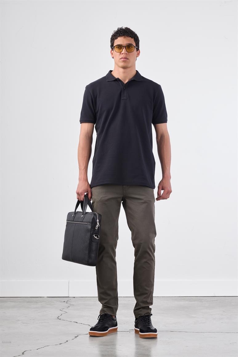 Siyah Polo Yaka Pamuklu Düz Renk Slim Fit Erkek T-shirt
