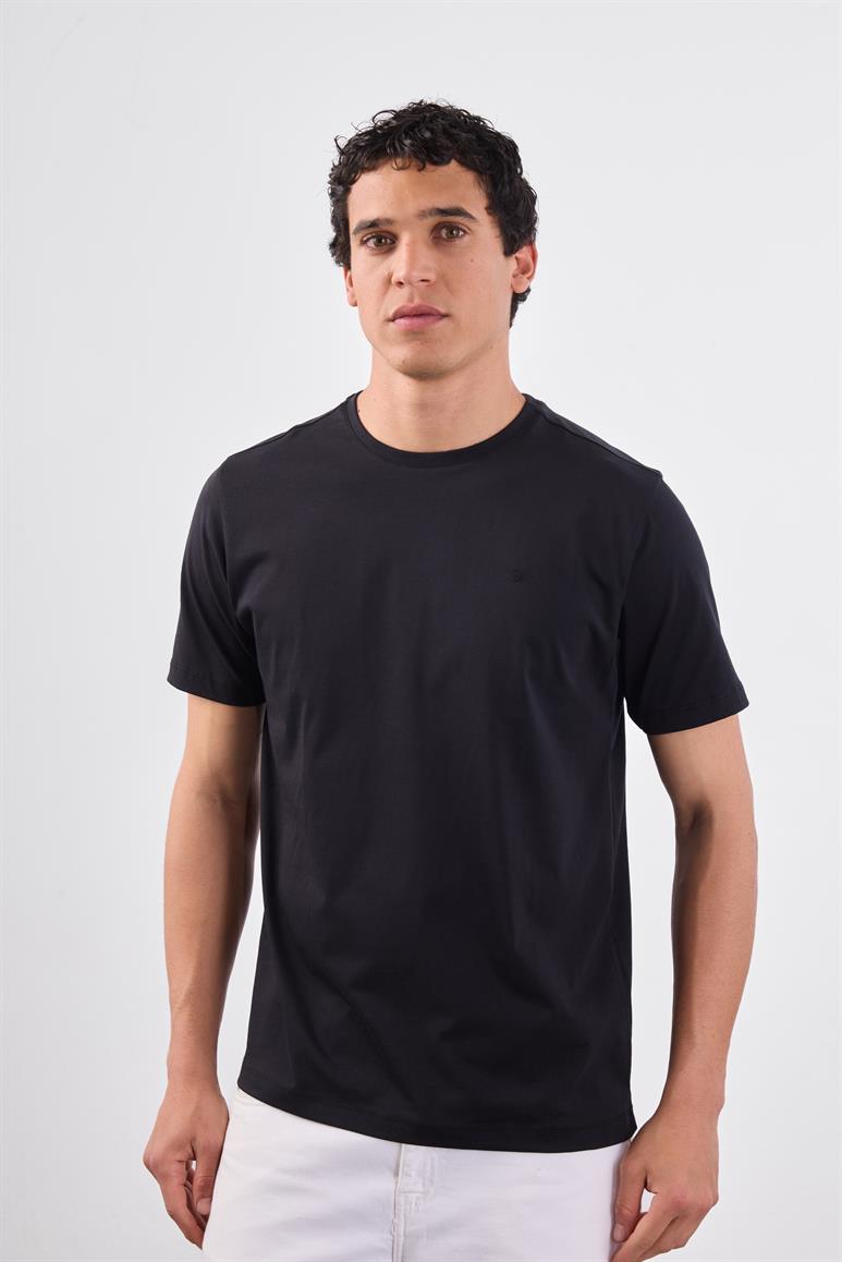 Siyah Bisiklet Yaka Pamuklu Düz Renk Slim Fit Erkek T-shirt