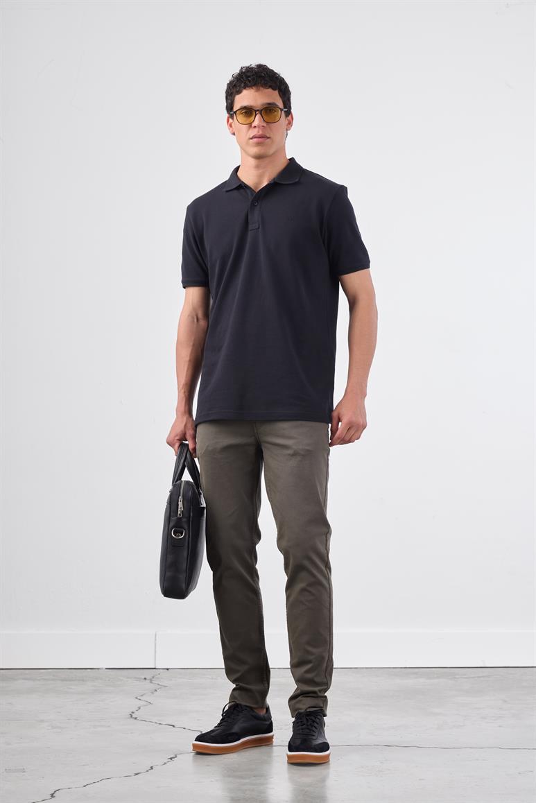 Siyah Polo Yaka Pamuklu Düz Renk Slim Fit Erkek T-shirt