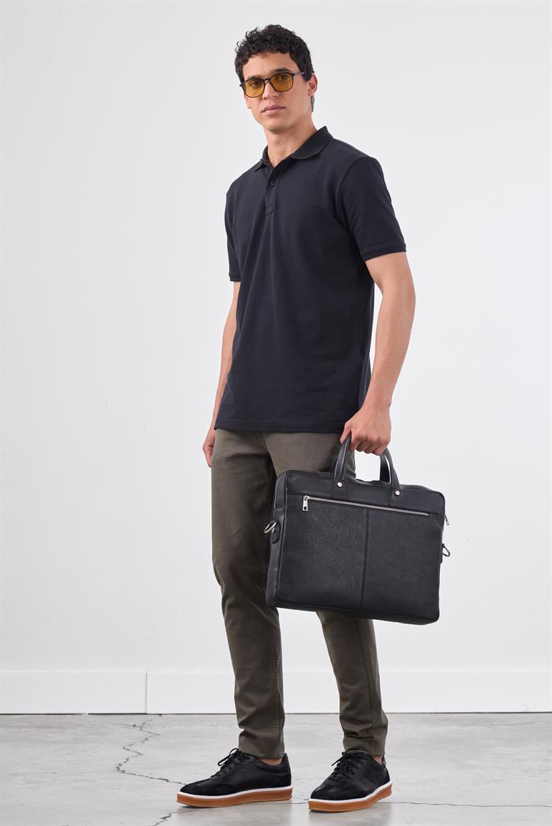 Siyah Polo Yaka Pamuklu Düz Renk Slim Fit Erkek T-shirt