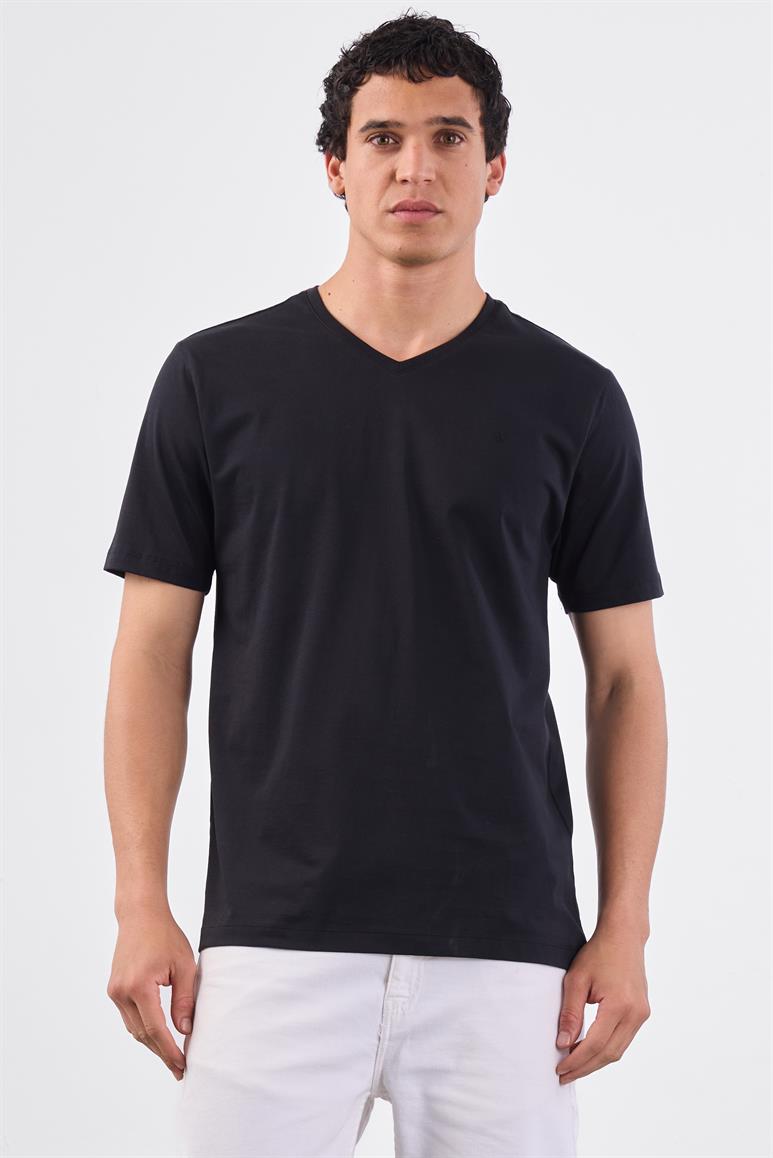 Siyah V Yaka Pamuklu Düz Renk Slim Fit Erkek T-shirt