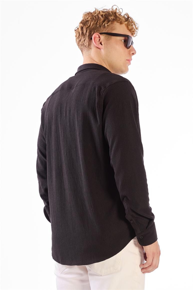 Siyah Gofreli Düz Renk Regular Fit Erkek Gömlek