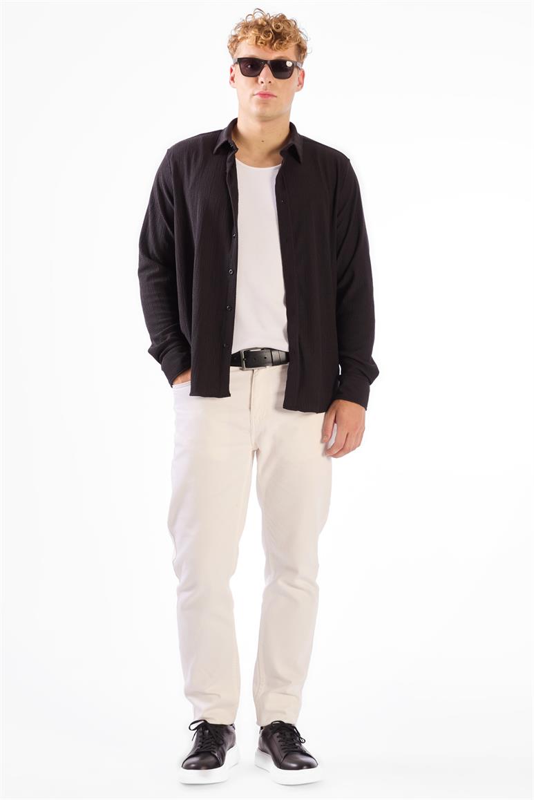 Siyah Gofreli Düz Renk Regular Fit Erkek Gömlek