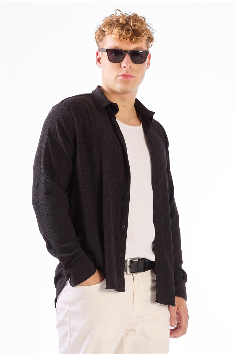 Siyah Gofreli Düz Renk Regular Fit Erkek Gömlek