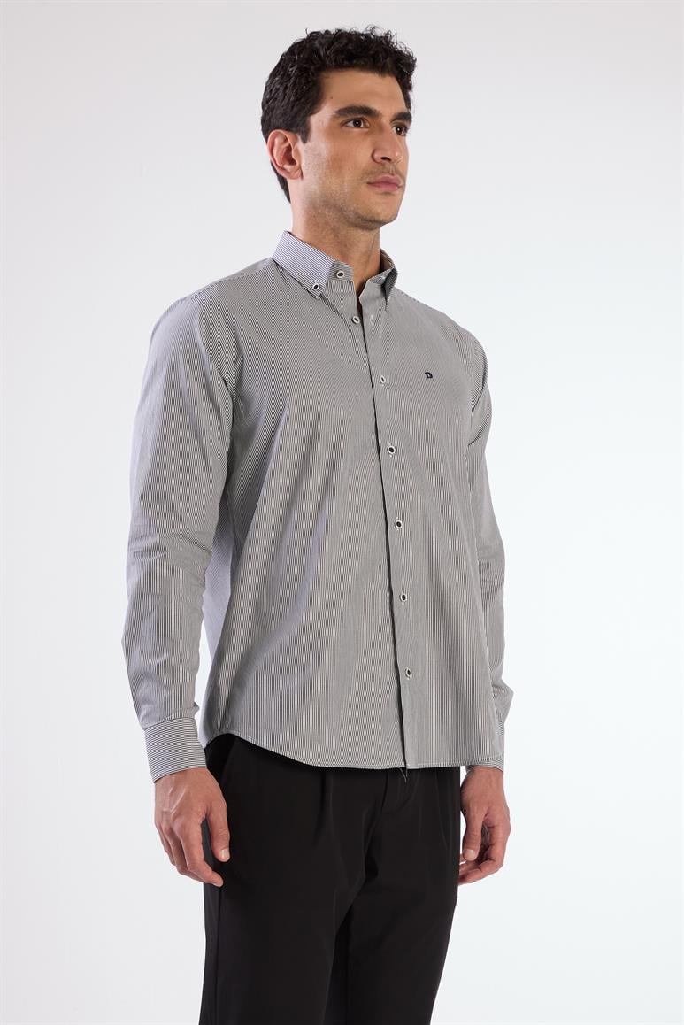 Siyah Erkek Regular Fit Çizgili Brent Yaka Uzun Kol Gömlek 