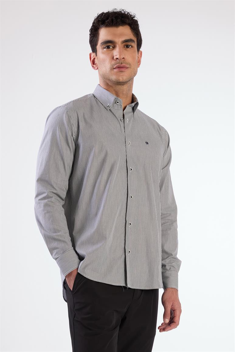 Siyah Erkek Regular Fit Çizgili Brent Yaka Uzun Kol Gömlek 