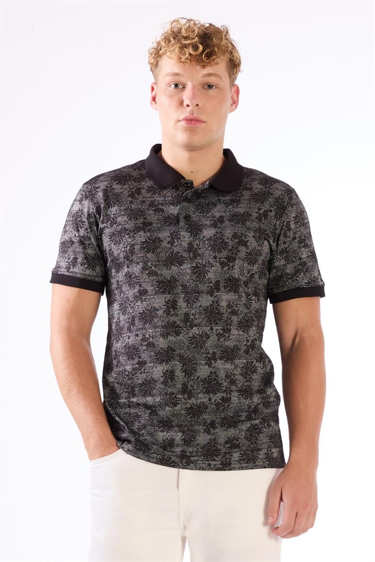 Siyah Erkek Slim Fit Desenli Polo Yaka T-shirt 