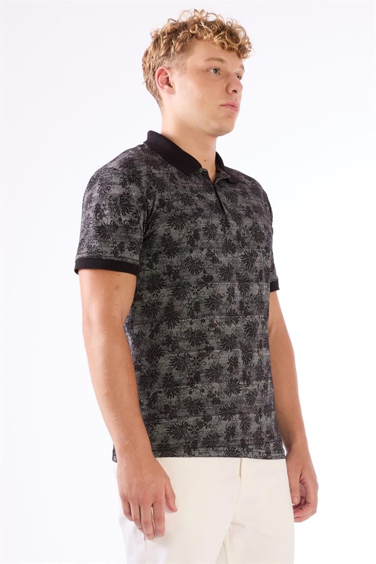 Siyah Erkek Slim Fit Desenli Polo Yaka T-shirt 