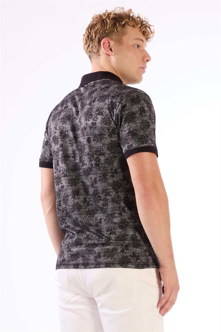 Siyah Erkek Slim Fit Desenli Polo Yaka T-shirt 