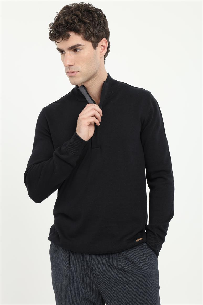 Siyah Erkek Slim Fit Dik Yaka Erkek Triko