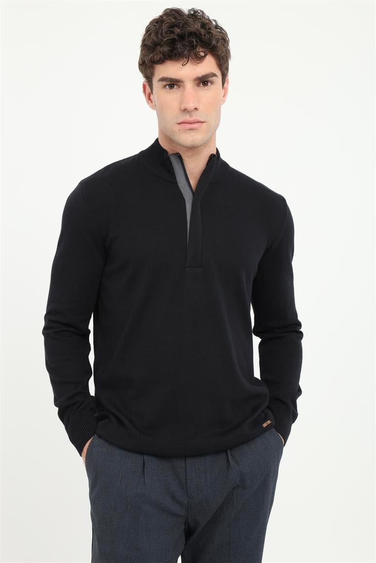 Siyah Erkek Slim Fit Dik Yaka Erkek Triko