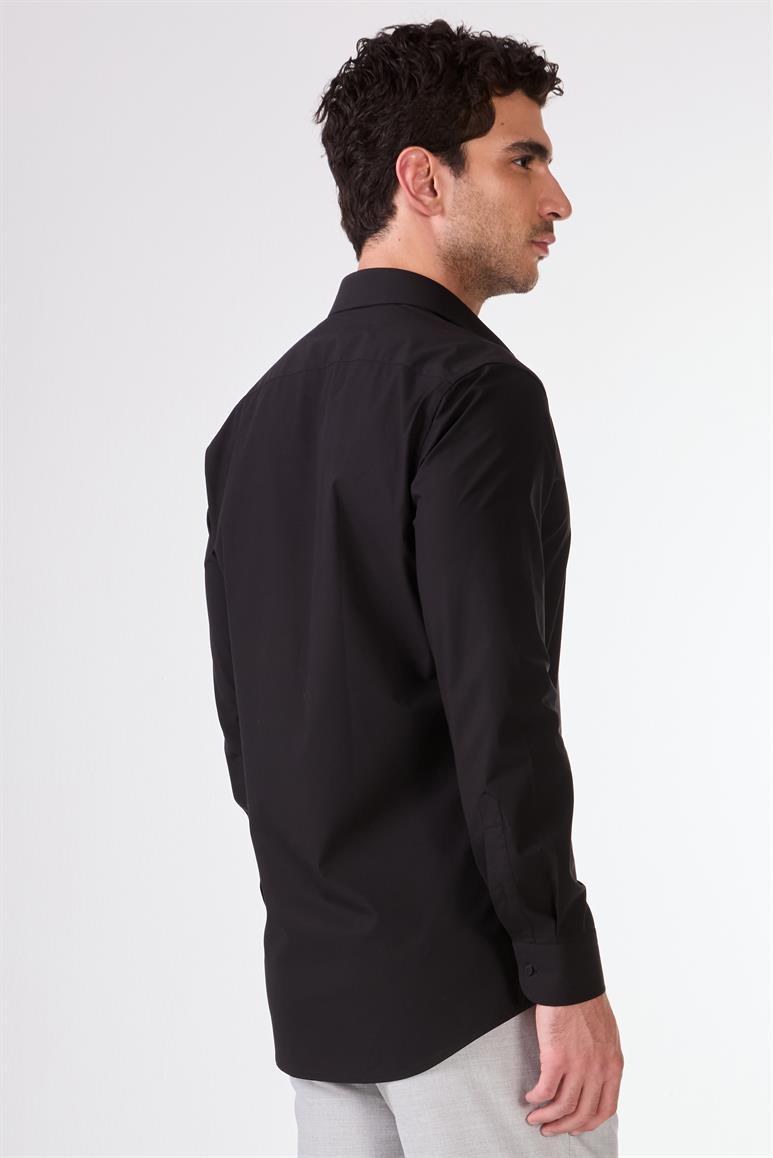 Siyah Erkek Slim Fit Düz Klasik Yaka Uzun Kol Gömlek 