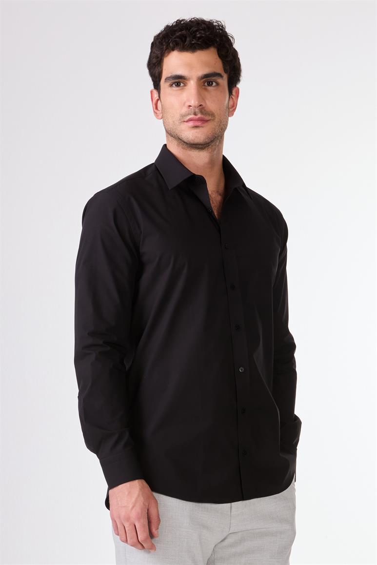 Siyah Erkek Slim Fit Düz Klasik Yaka Uzun Kol Gömlek 