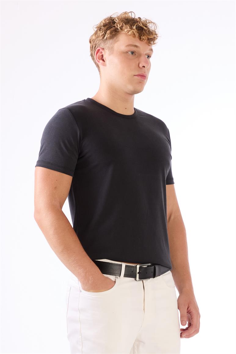 Siyah Erkek Slim Fit Düz O Yaka T-shirt 