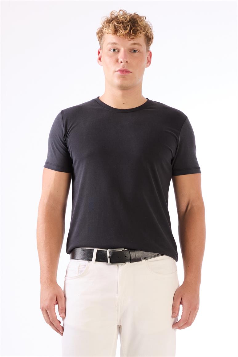 Siyah Erkek Slim Fit Düz O Yaka T-shirt 