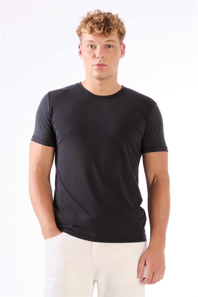 Siyah Erkek Slim Fit Düz O Yaka T-shirt 