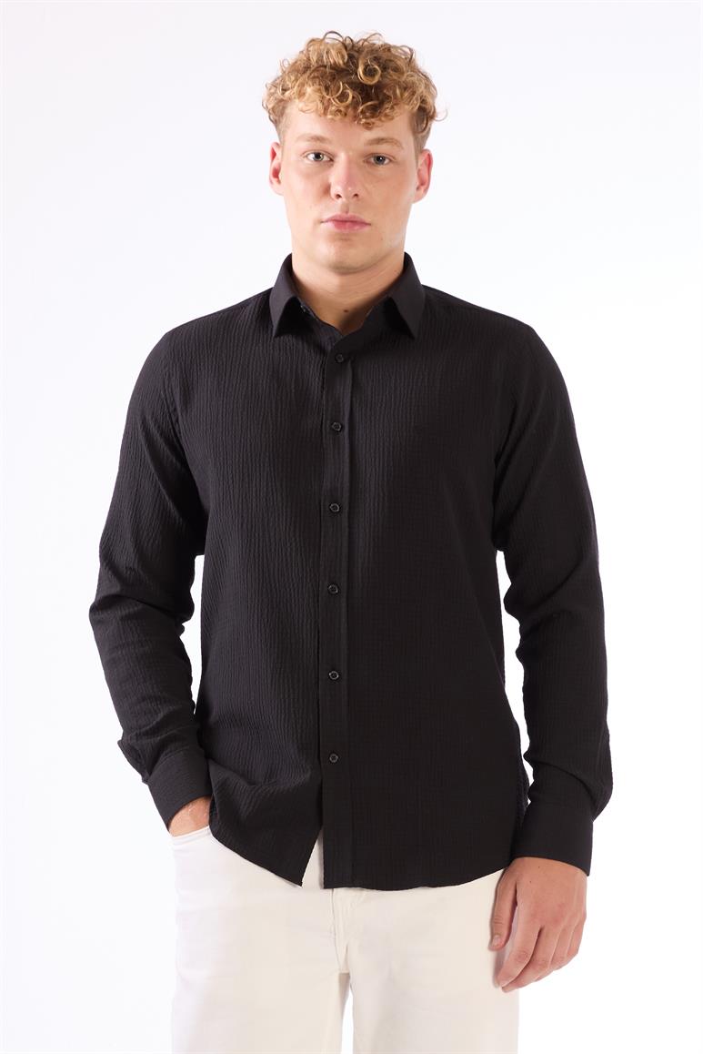 Siyah Erkek Slim Fit Gofre Desenli Brent Yaka Uzun Kol Gömlek 