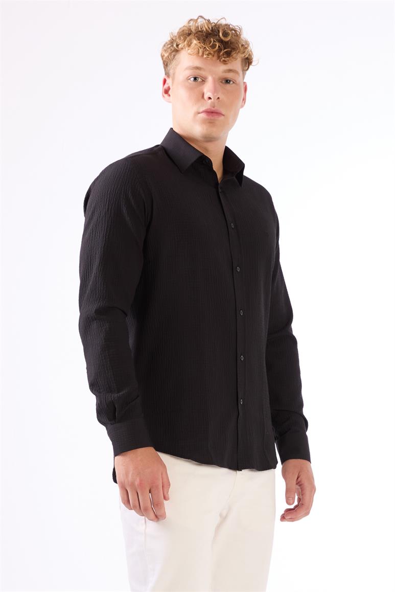 Siyah Erkek Slim Fit Gofre Desenli Brent Yaka Uzun Kol Gömlek 