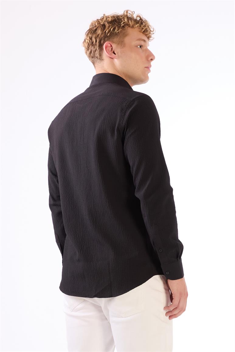 Siyah Erkek Slim Fit Gofre Desenli Brent Yaka Uzun Kol Gömlek 