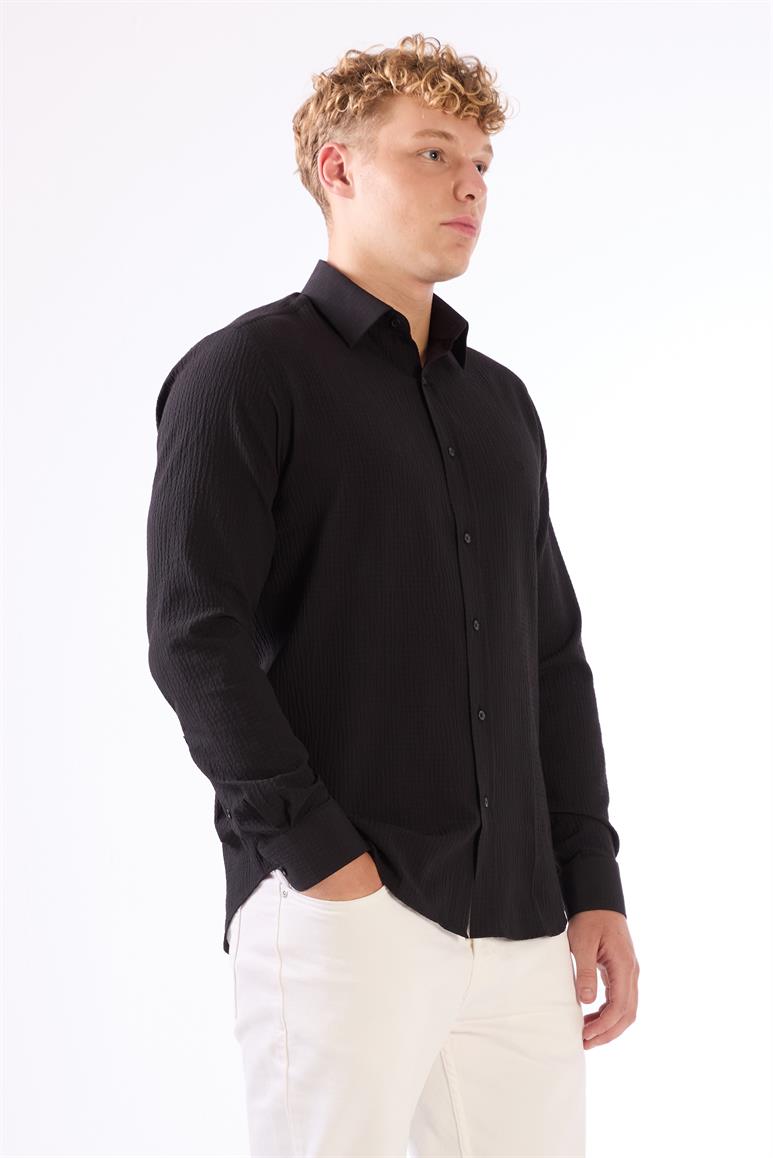Siyah Erkek Slim Fit Gofre Desenli Brent Yaka Uzun Kol Gömlek 