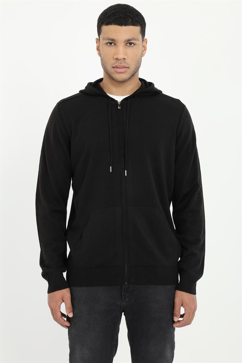 Siyah Fermuar Kapamalı Kapüşonlu Slim Fit Erkek Triko