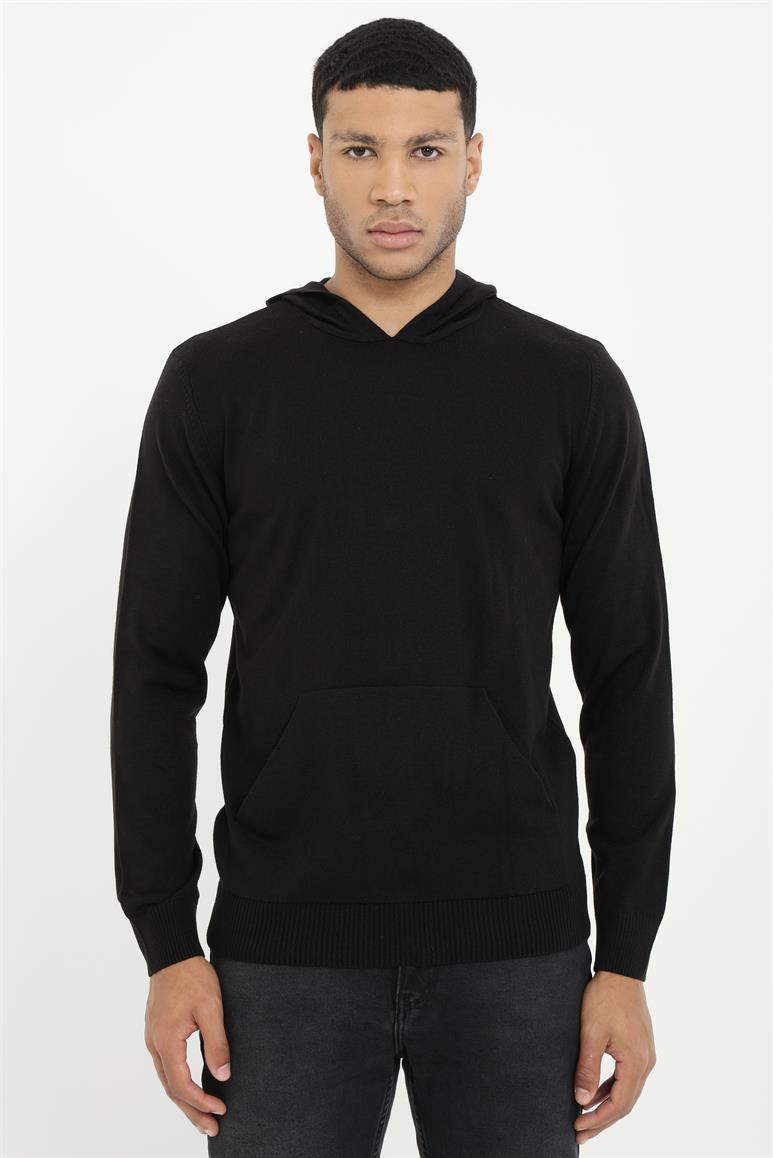 Siyah Uzun Kollu Kapüşonlu Slim Fit Erkek Triko