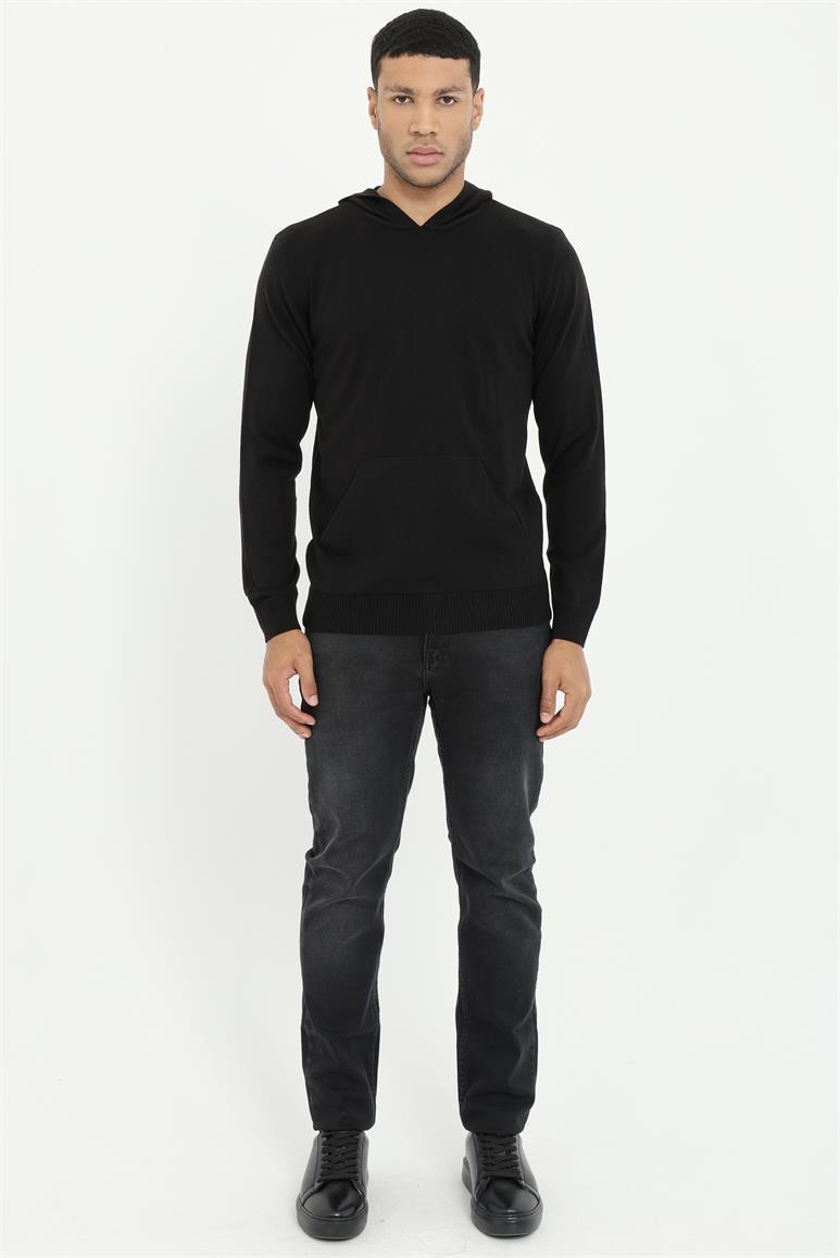Siyah Uzun Kollu Kapüşonlu Slim Fit Erkek Triko