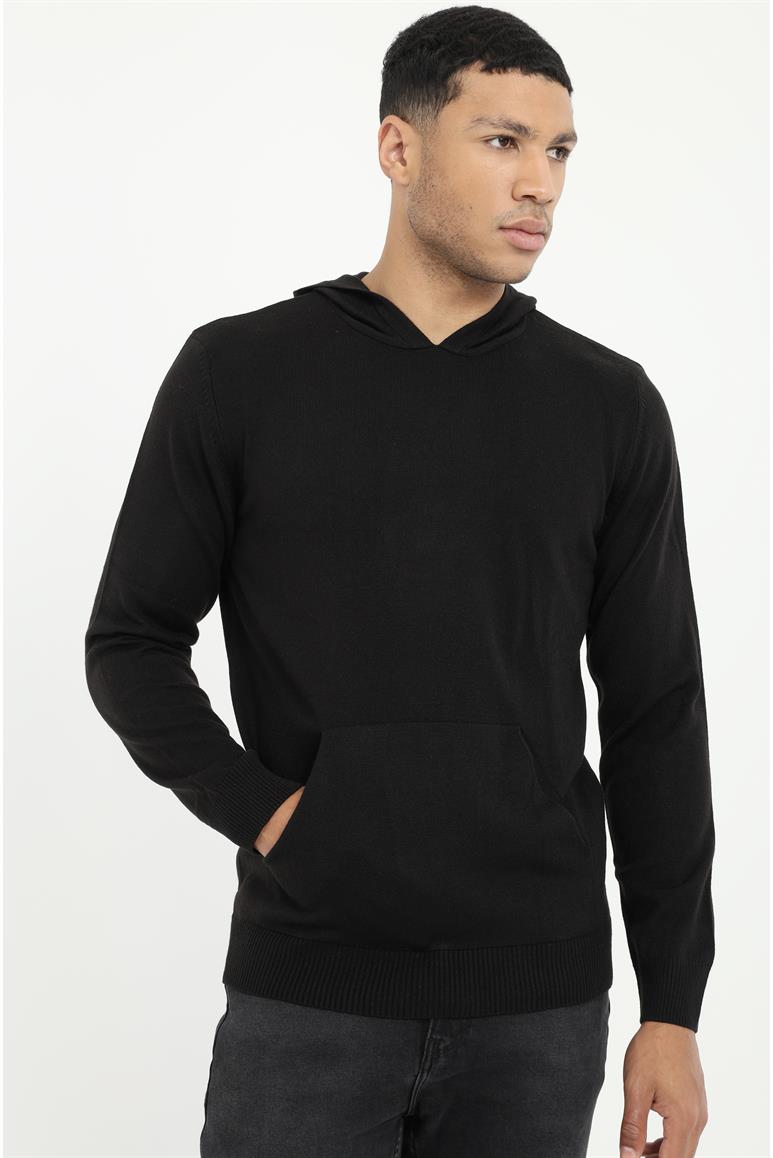 Siyah Uzun Kollu Kapüşonlu Slim Fit Erkek Triko