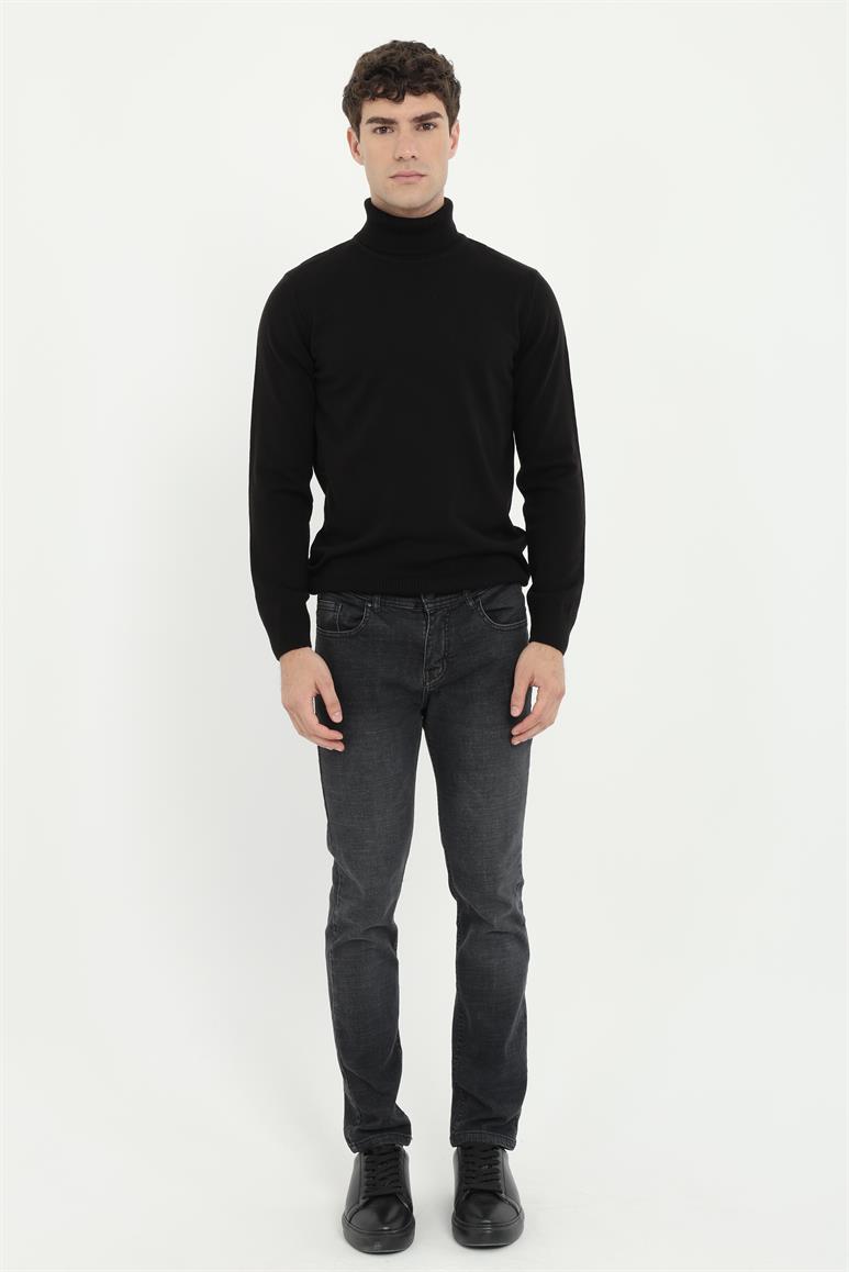 Siyah Erkek Slim Fit  Klasik Tam Balıkçı Yaka  Triko 