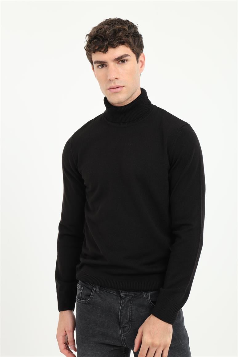 Siyah Erkek Slim Fit  Klasik Tam Balıkçı Yaka  Triko 