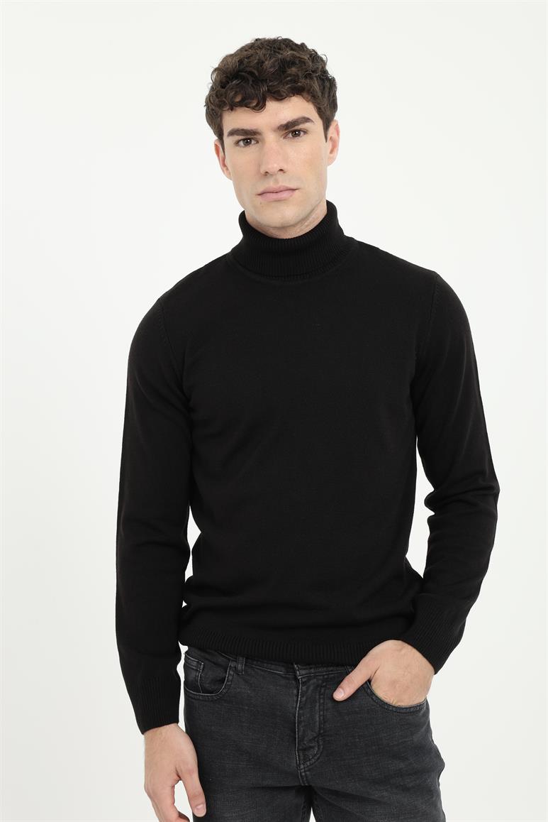 Siyah Erkek Slim Fit  Klasik Tam Balıkçı Yaka  Triko 