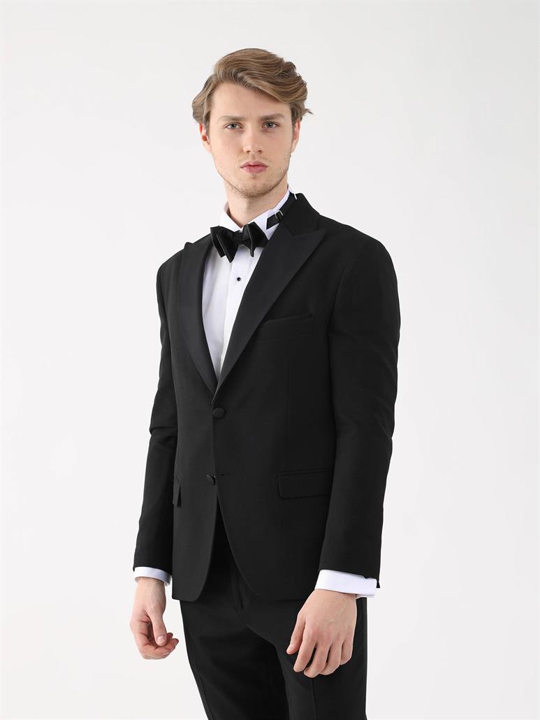 Siyah Erkek Slim Fit Düz Sivri Yaka Smokin Takım 
