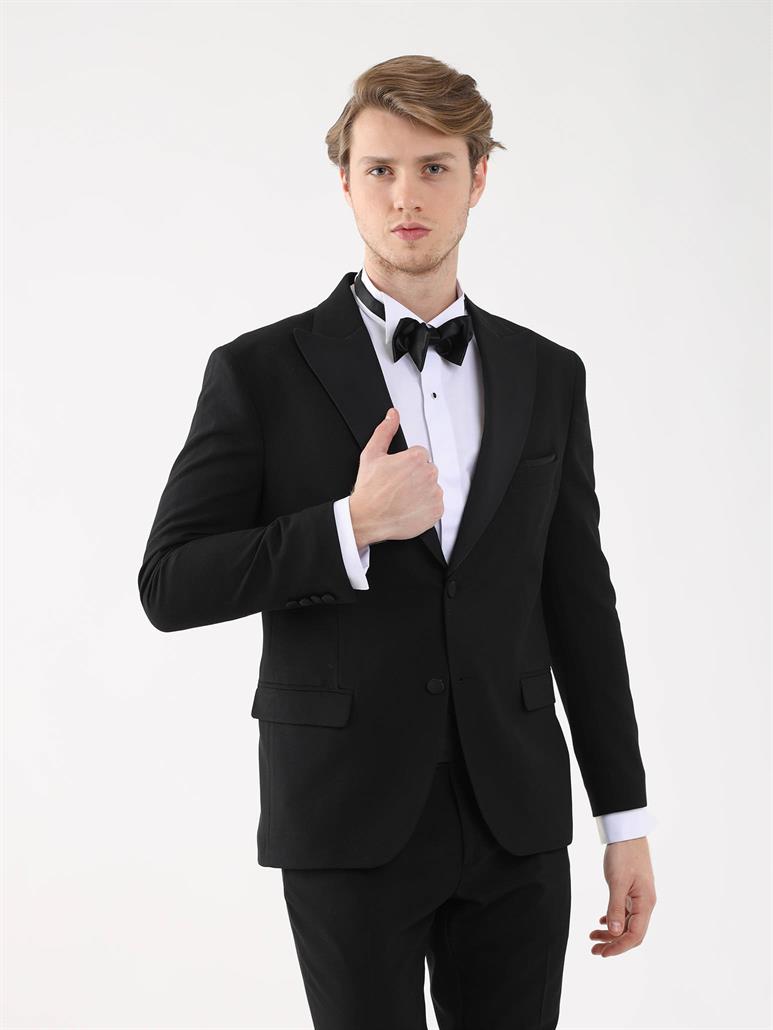 Siyah Erkek Slim Fit Düz Sivri Yaka Smokin Takım 