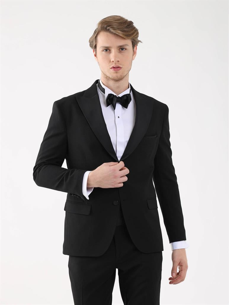 Siyah Erkek Slim Fit Düz Sivri Yaka Smokin Takım 