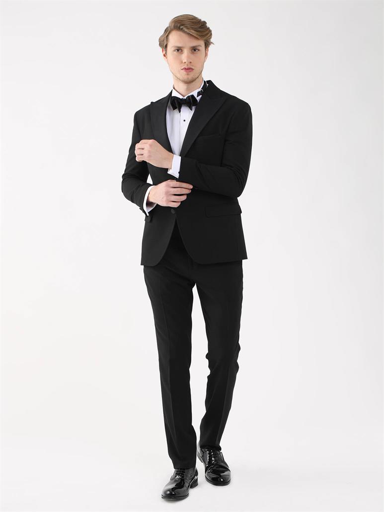 Siyah Erkek Slim Fit Düz Sivri Yaka Smokin Takım 