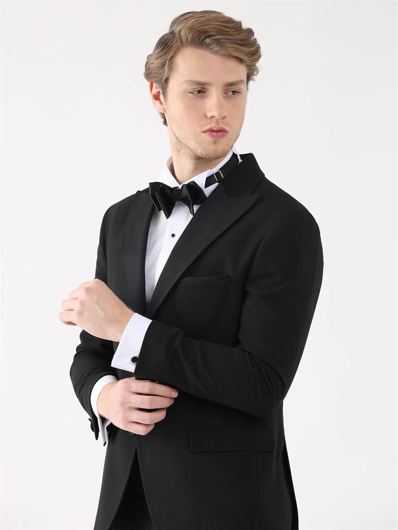 Siyah Erkek Slim Fit Düz Sivri Yaka Smokin Takım 