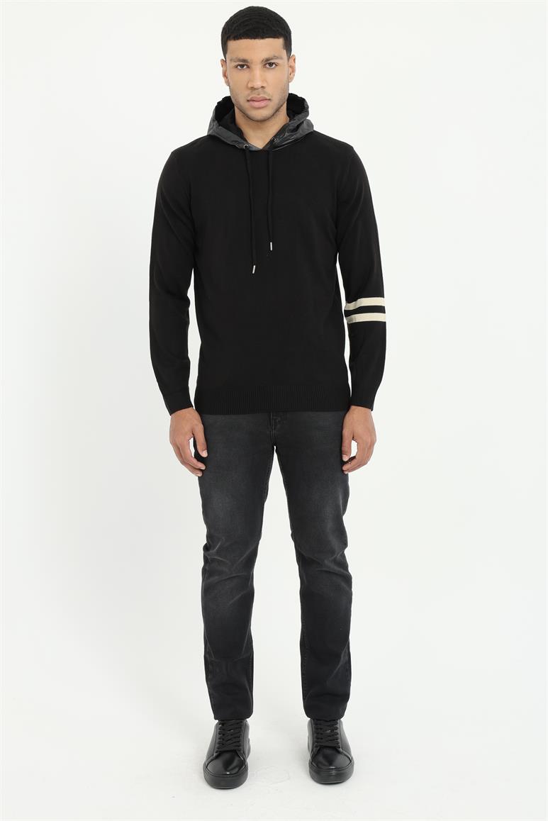 Siyah Uzun Kollu Kapüşonlu Slim Fit Erkek Triko