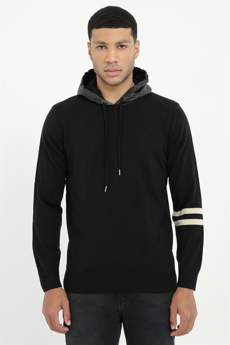 Siyah Uzun Kollu Kapüşonlu Slim Fit Erkek Triko