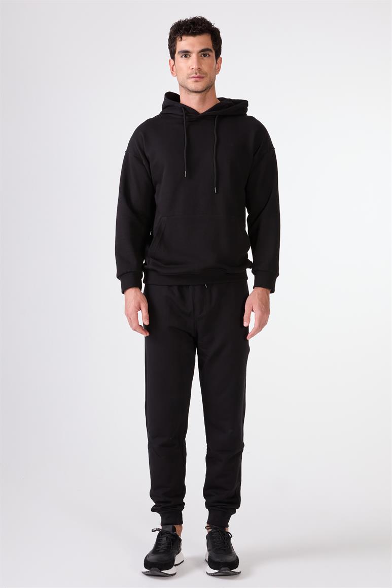 Siyah Kapüşonlu Kanguru Cepli Regular Fit Erkek Sweatshirt