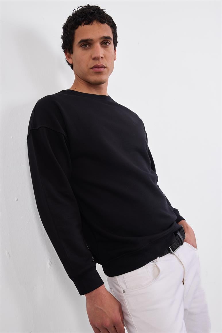 Siyah Bisiklet Yaka Regular Fit Erkek Sweatshirt