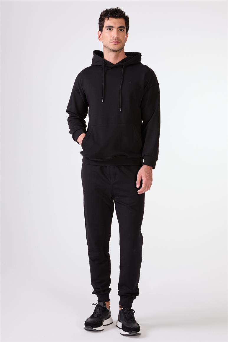 Siyah Kapüşonlu Kanguru Cepli Regular Fit Erkek Sweatshirt