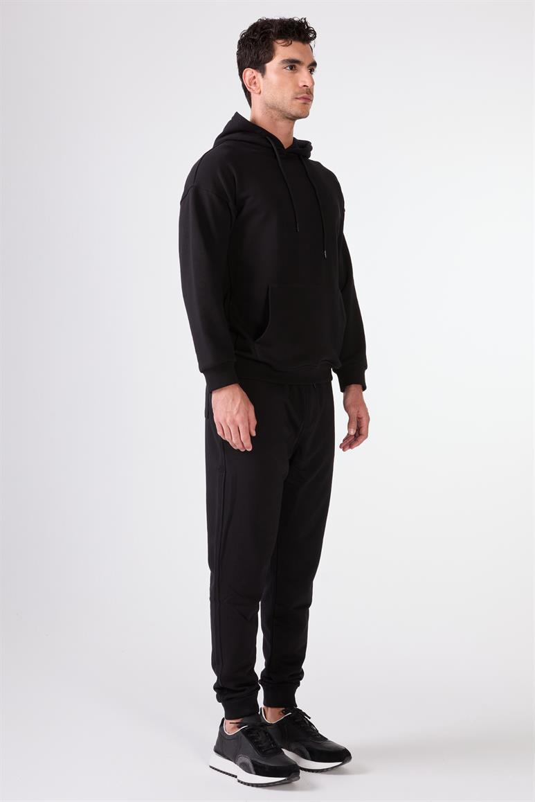 Siyah Kapüşonlu Kanguru Cepli Regular Fit Erkek Sweatshirt