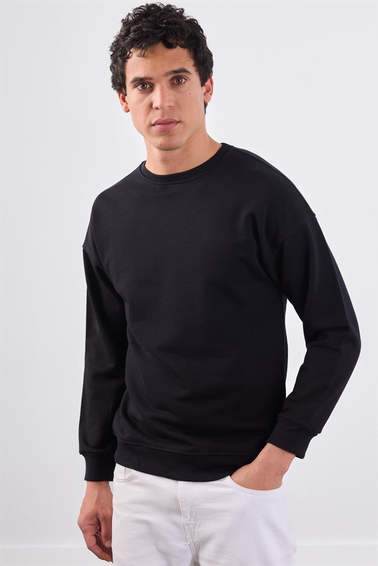 Siyah Bisiklet Yaka Regular Fit Erkek Sweatshirt