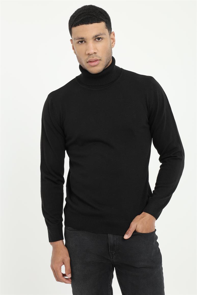Siyah Tam Balıkçı Yaka Slim Fit Erkek Triko