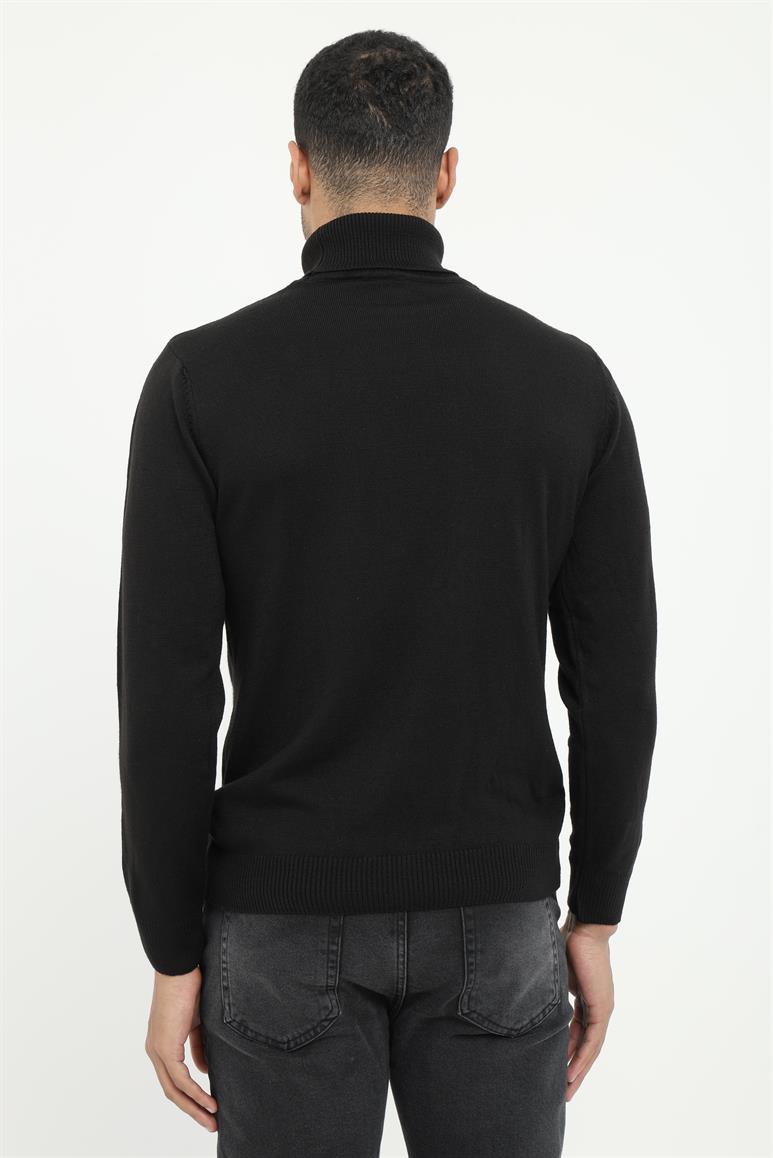 Siyah Tam Balıkçı Yaka Slim Fit Erkek Triko