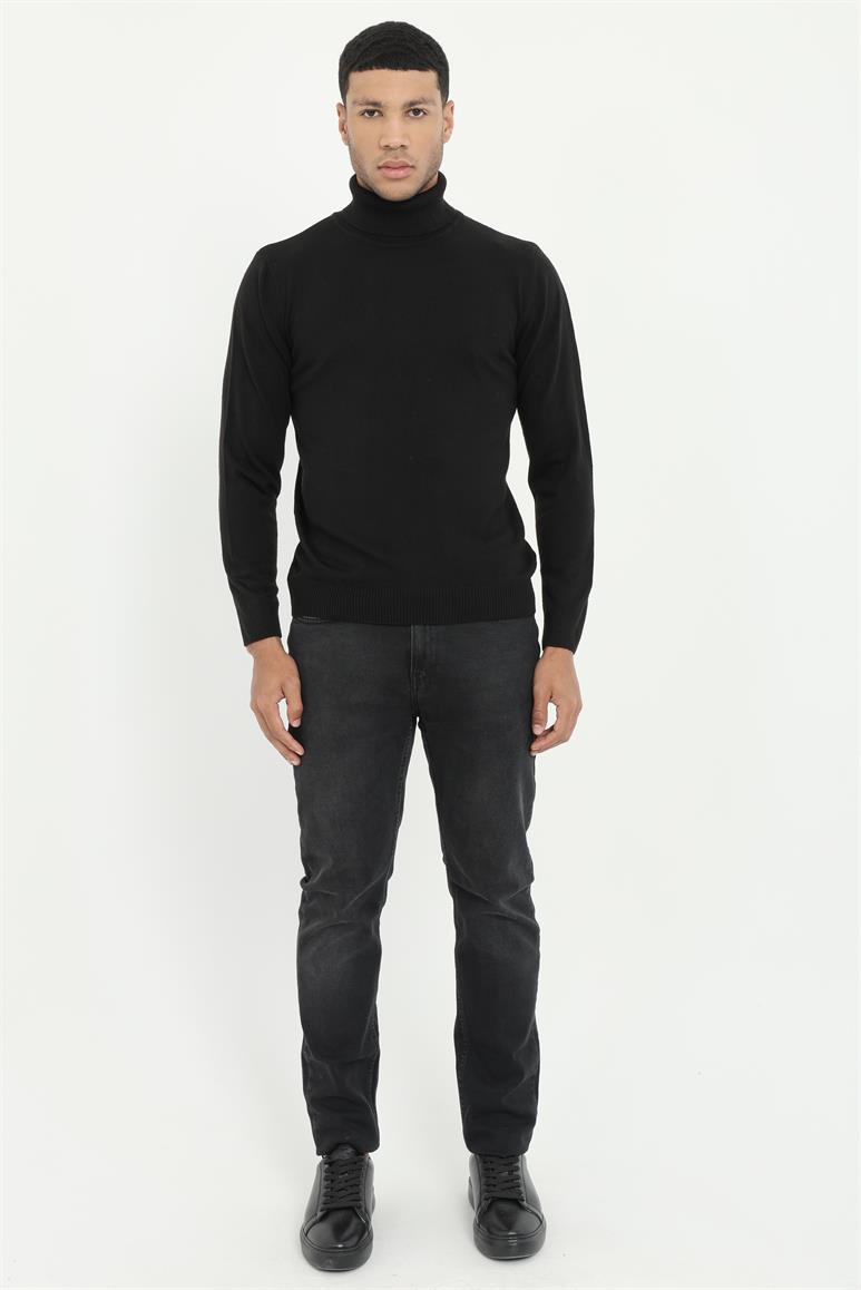 Siyah Tam Balıkçı Yaka Slim Fit Erkek Triko